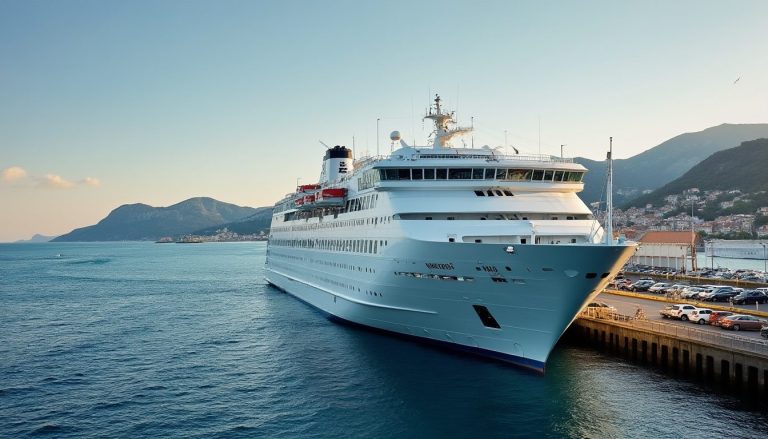 Ferry a quai dans un port mediterraneen au lever du jour